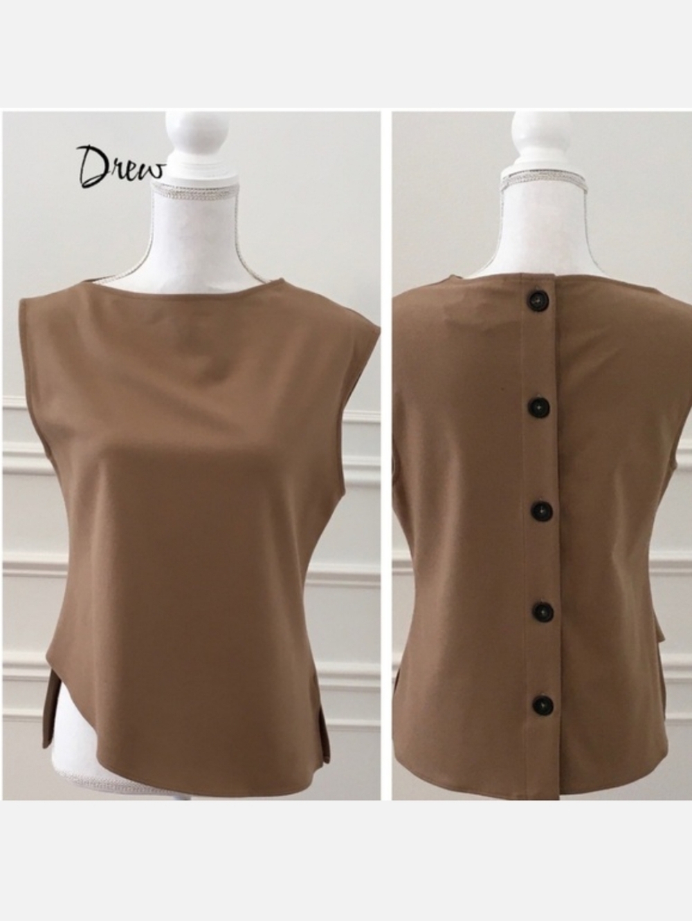 Women's Drew Gemma Brown Sleeveless Button Back Boat Neck Top Size Medium
